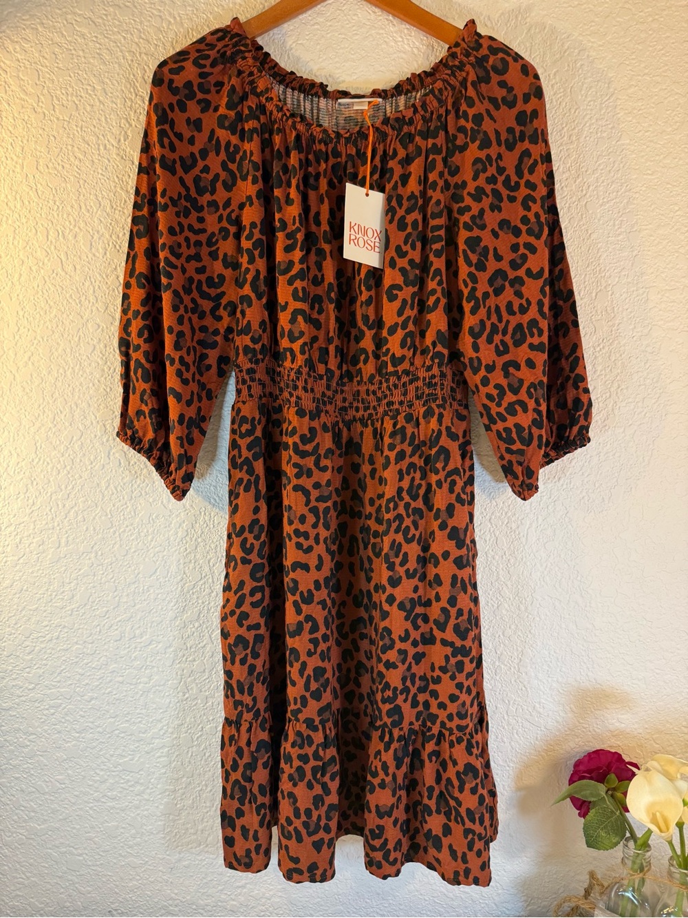 Knox Rose Rust Leopard‎ Peasant Boho Print Midi Dress Women’s Size Small. NWT